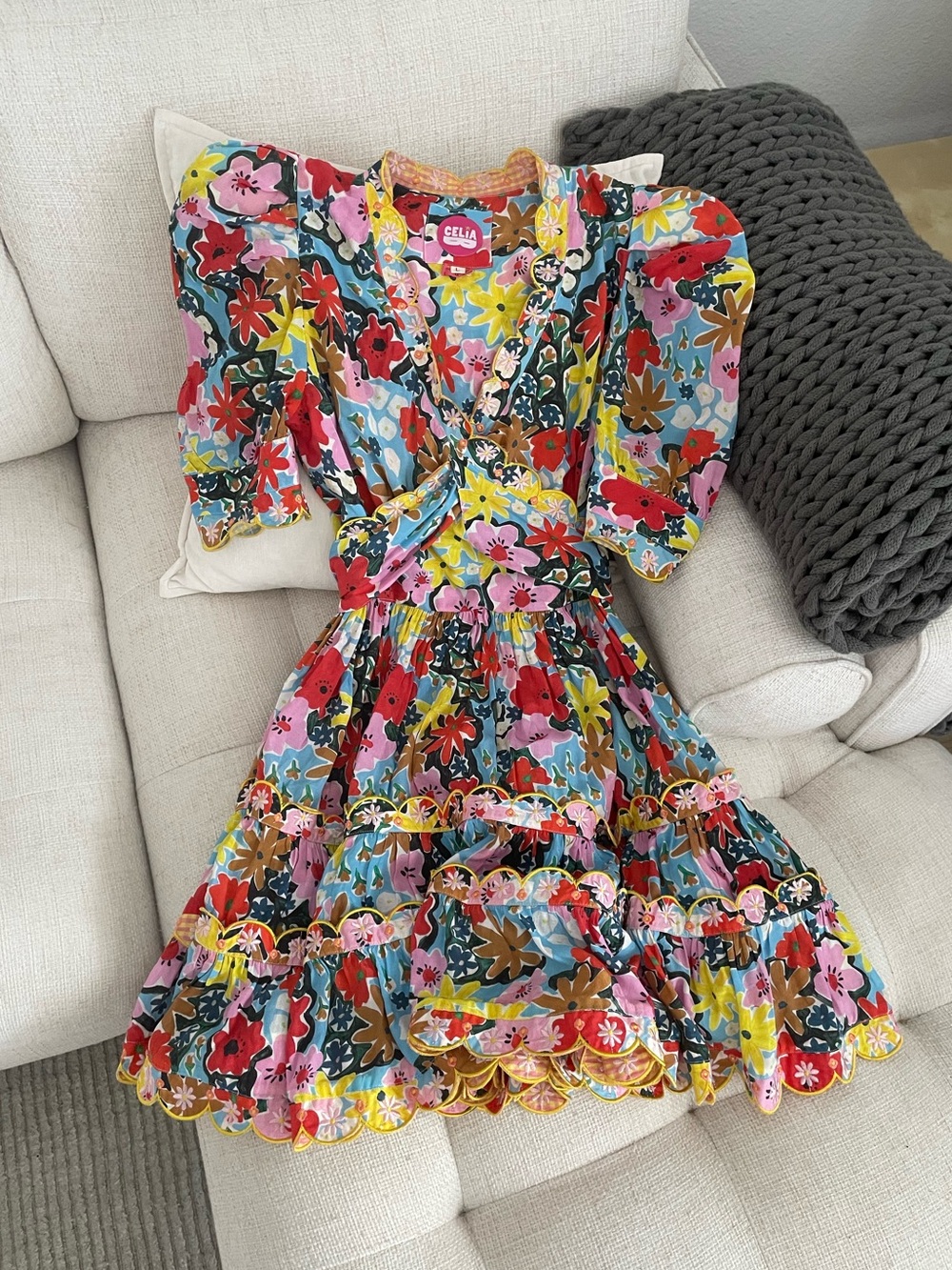 Celia B Aila Floral Wrap Ruffled Tiered Scalloped Puff Sleeve Mini Dress